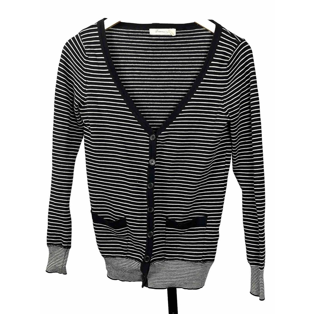Forever 21 Sweater Cardigan Long Sleeve Button Up V Neck Stripe Black Small Twee